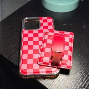 Wallis Red and Pink Checkered Phone Case with Card Holder